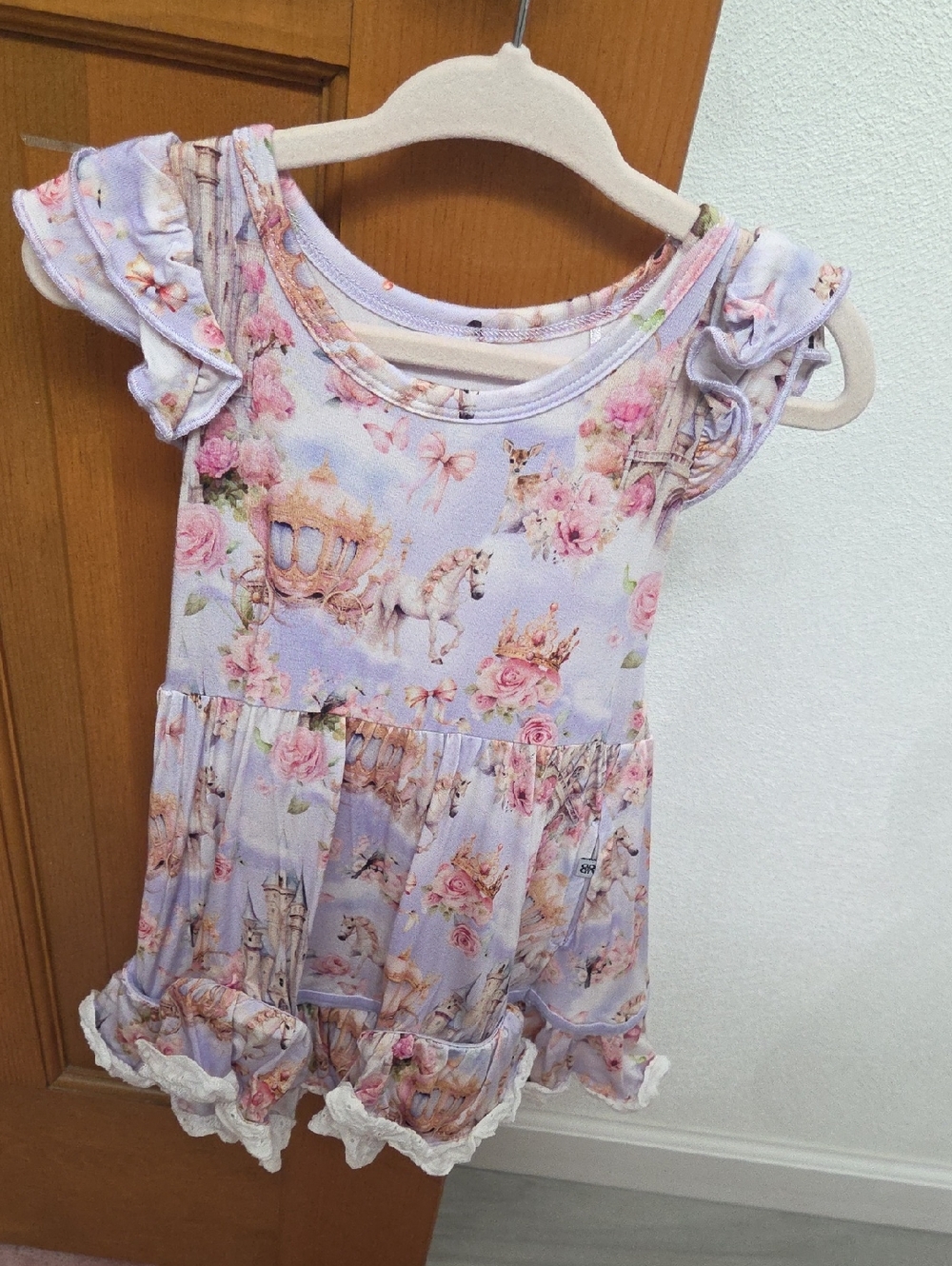 Girls Lavender Floral Carousel Dress with Ruffle Sleeves